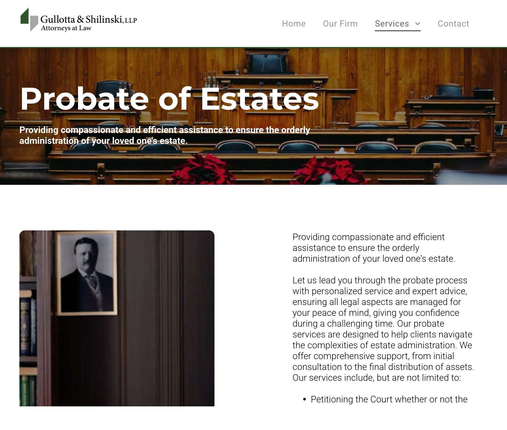 Website page for Probate of Estates, courtroom scene background, picture of a man.