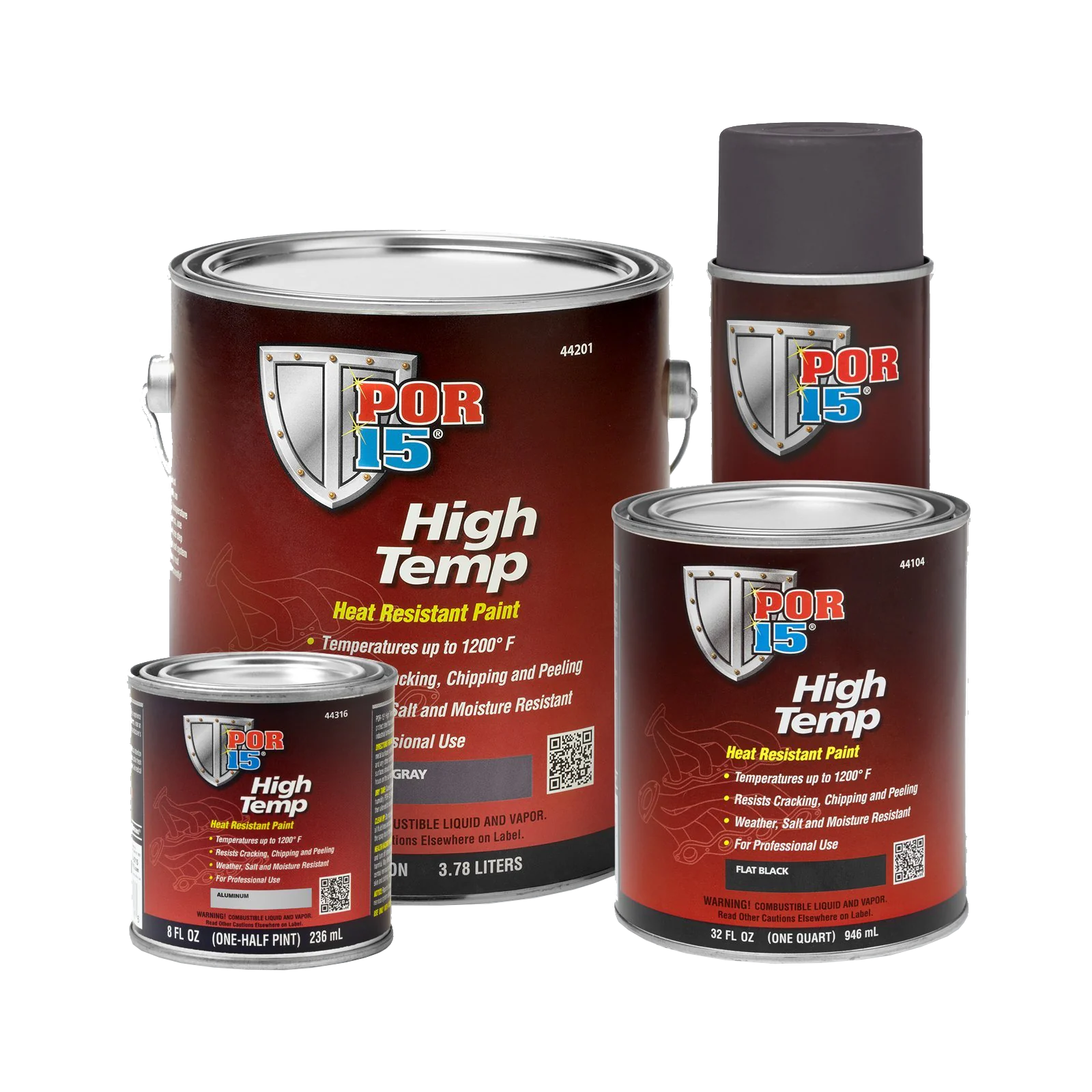 POR-15 High Temp paint cans in various sizes, black color, on a white background.