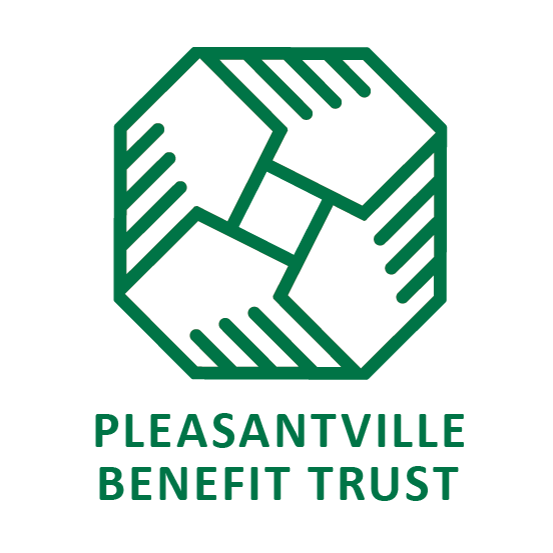 Green logo for Pleasantville Benefit Trust: interlocking shapes with striped detailing.
