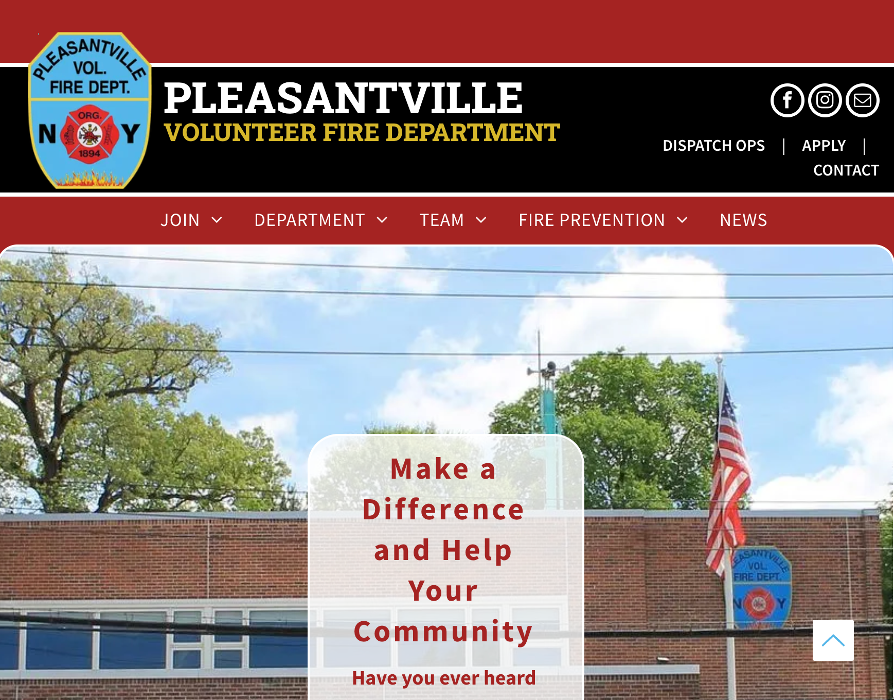 Pleasantville Volunteer Fire Department website homepage with slogan
