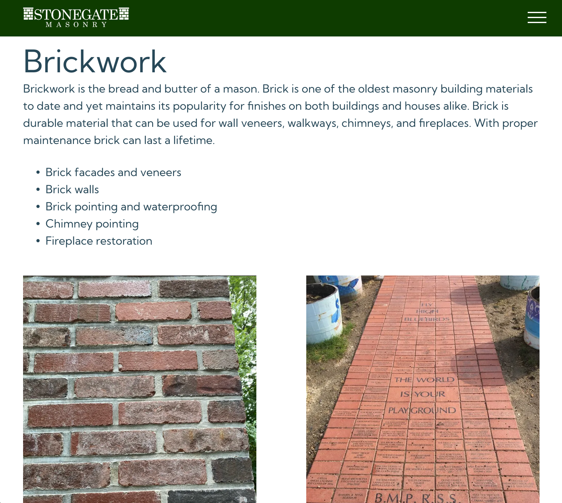 Brickwork services page. Includes text, a brick wall, and a brick pathway.