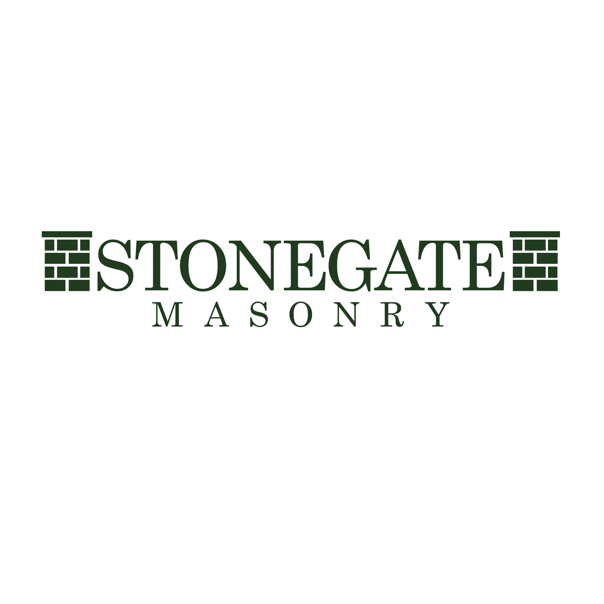 Stonegate Masonry logo: dark green text with brick wall icons, white background.