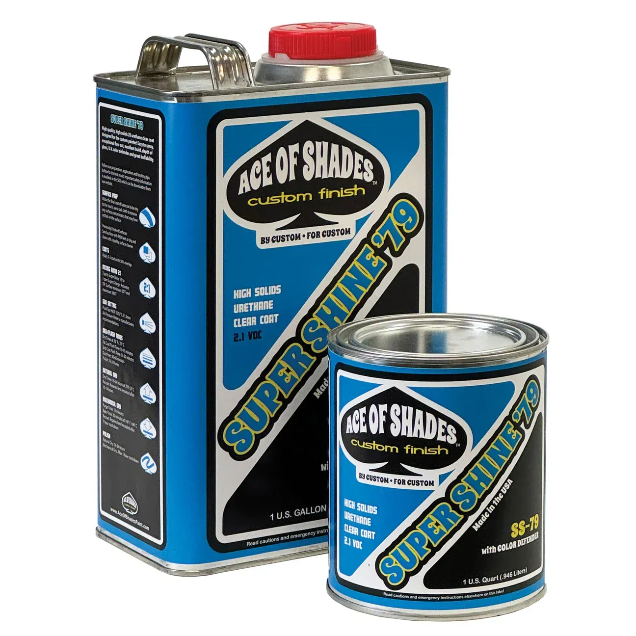 Two Ace of Shades Super Shine 79 paint cans, large and small, in blue and black with product labels.