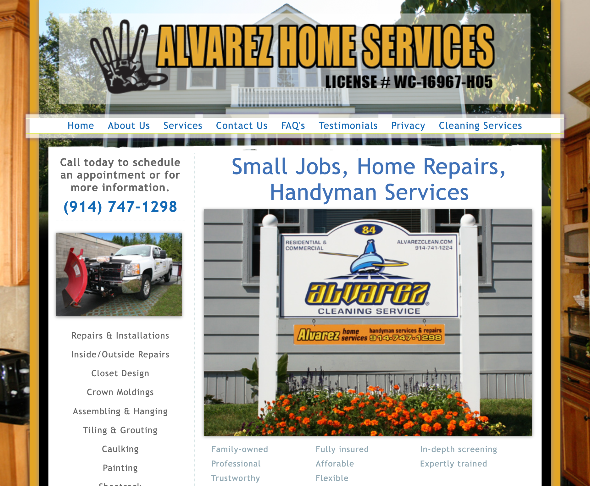 Website for Alvarez Home Services, offering handyman services; includes logo, phone number, and services list.