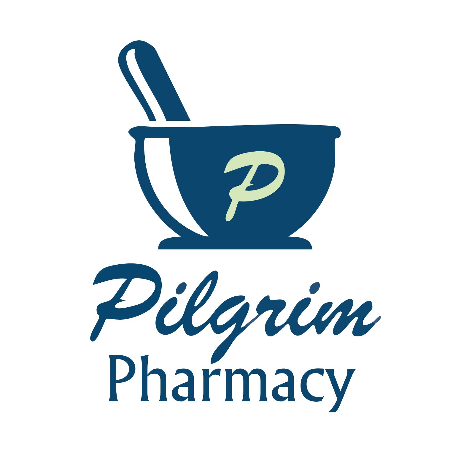 Pilgrim Pharmacy logo: mortar and pestle, teal with a 'P' and script text below.