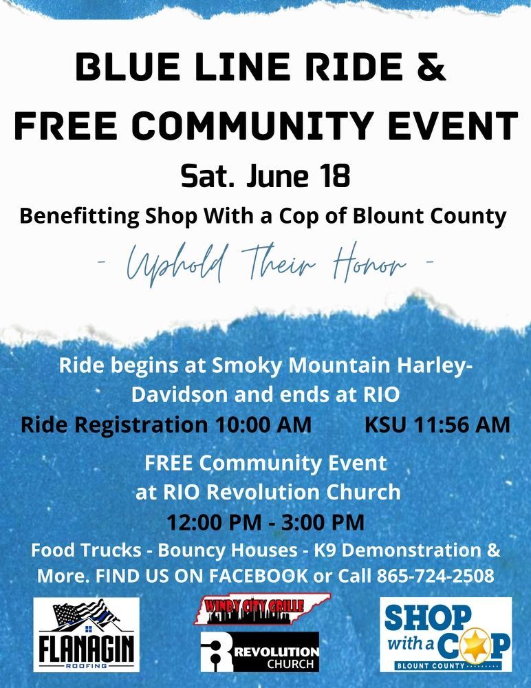 A poster for a blue line ride and free community event
