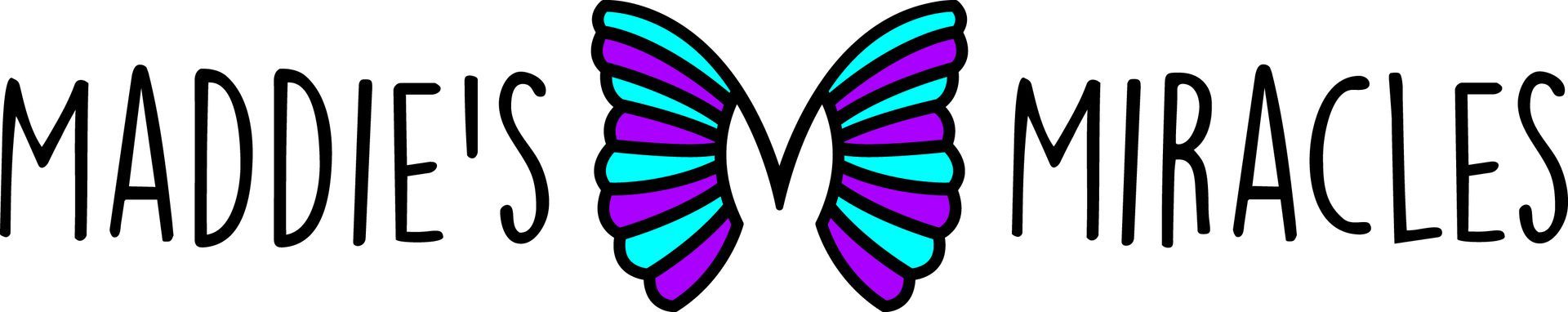 Maddie's Miracles logo with butterfly wings in purple and teal. Black text on a white background.