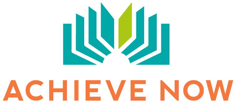 Achieve Now logo with teal and lime geometric emblem above orange text
