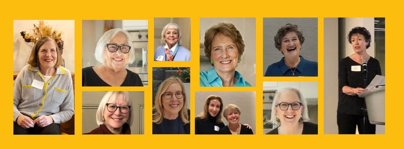 Collage of smiling people in yellow and black clothing against a yellow background
