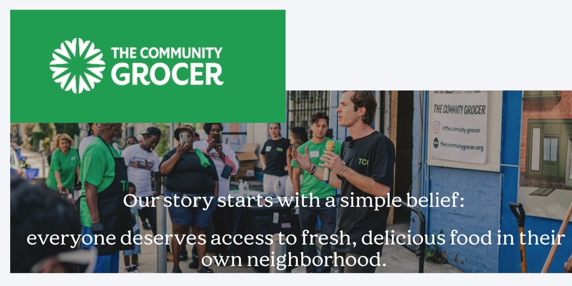 The Community Grocer storefront with people standing outside and a banner about access to fresh, affordable food