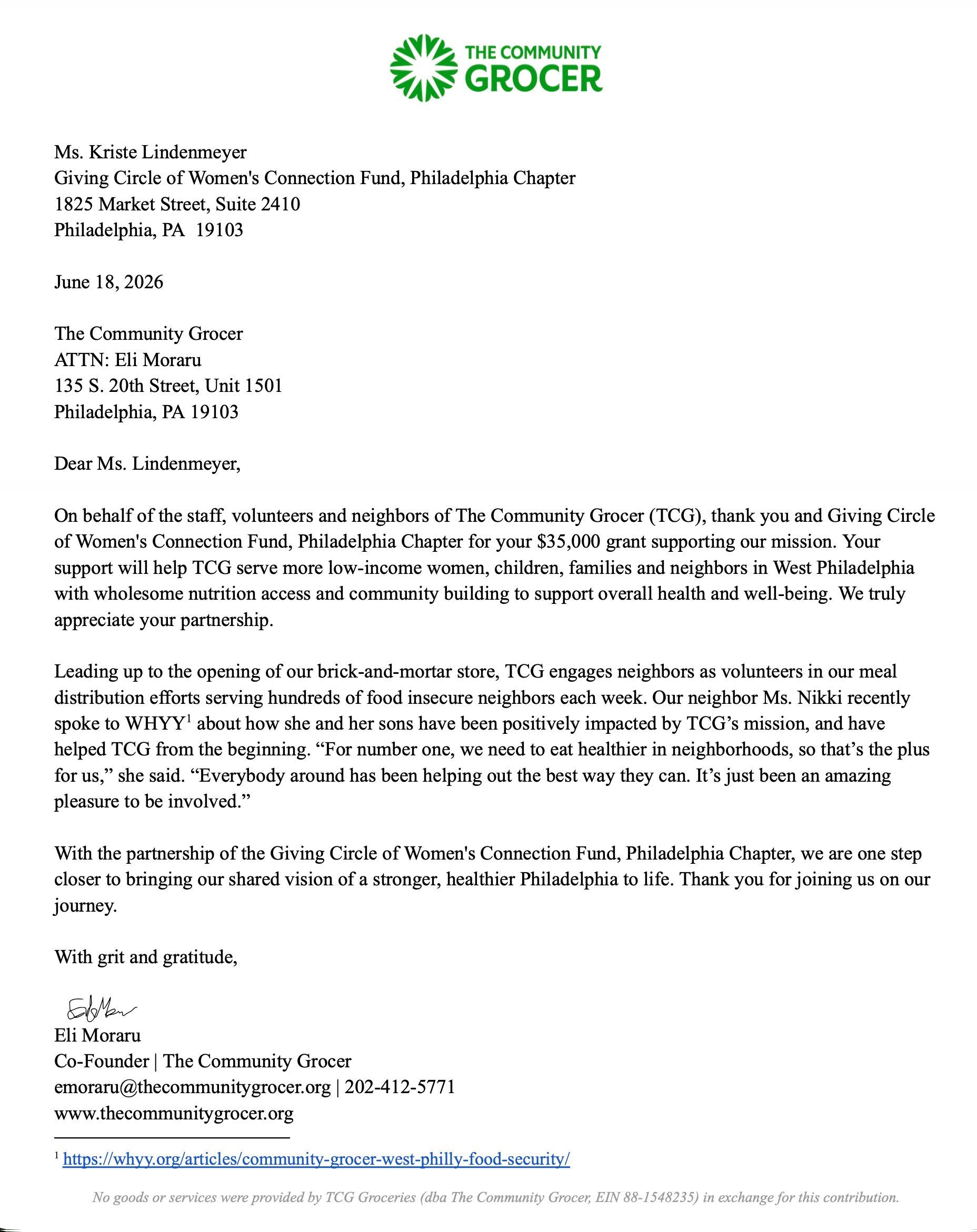Screenshot of a letter from The Grocer with green logo and several paragraphs of text on white page