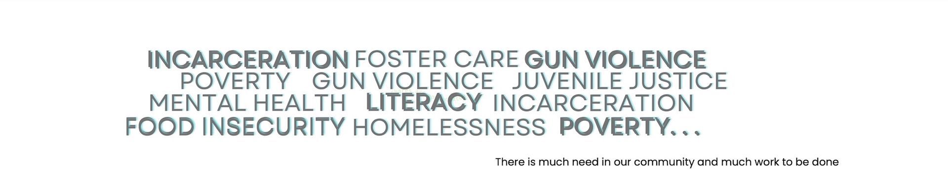 Word cloud about incarceration, poverty, gun violence, juvenile justice, mental health, literacy, food insecurity, homelessness