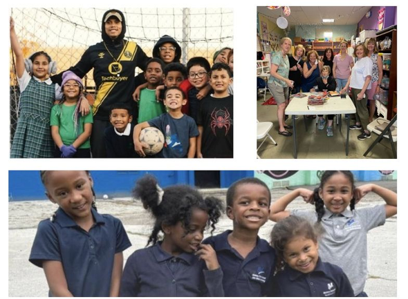 Collage of smiling kids indoors and outdoors, including soccer team and group activities around a table