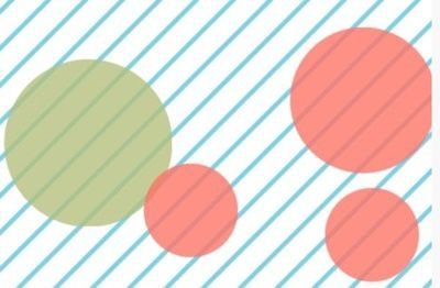 Abstract circles in green and coral over diagonal blue stripes on a white background