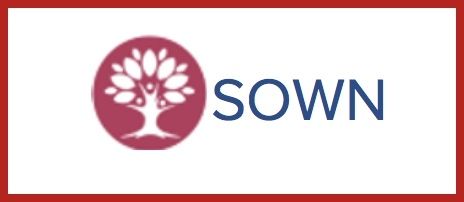SOWN logo with a white tree icon in a maroon circle and blue text on a white background