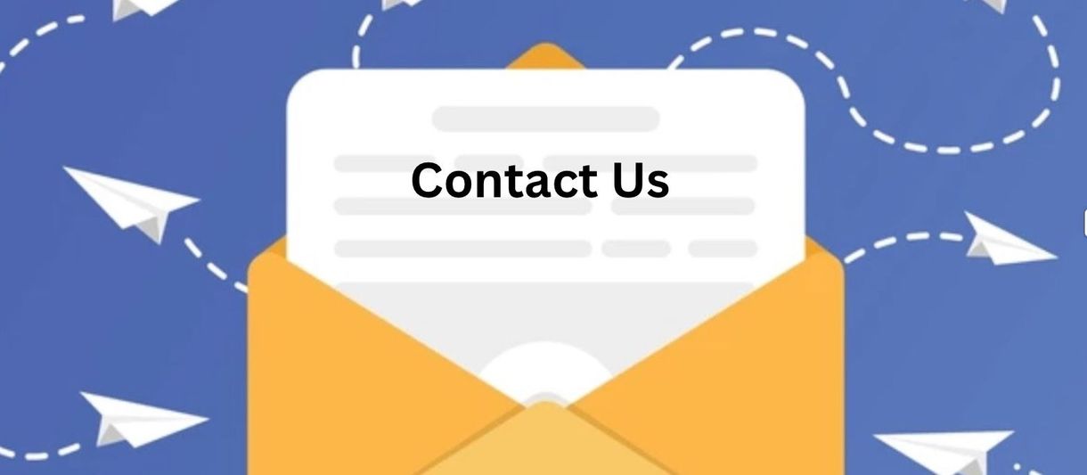 Contact Us sign in a white envelope over a yellow mail icon on a blue background with paper airplanes
