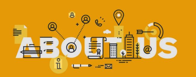 Illustrated “ABOUT US” banner on orange background with business and technology icons