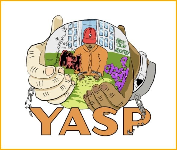 Fist holding a YASP logo with a seated figure, city windows, graffiti, and bold orange text.