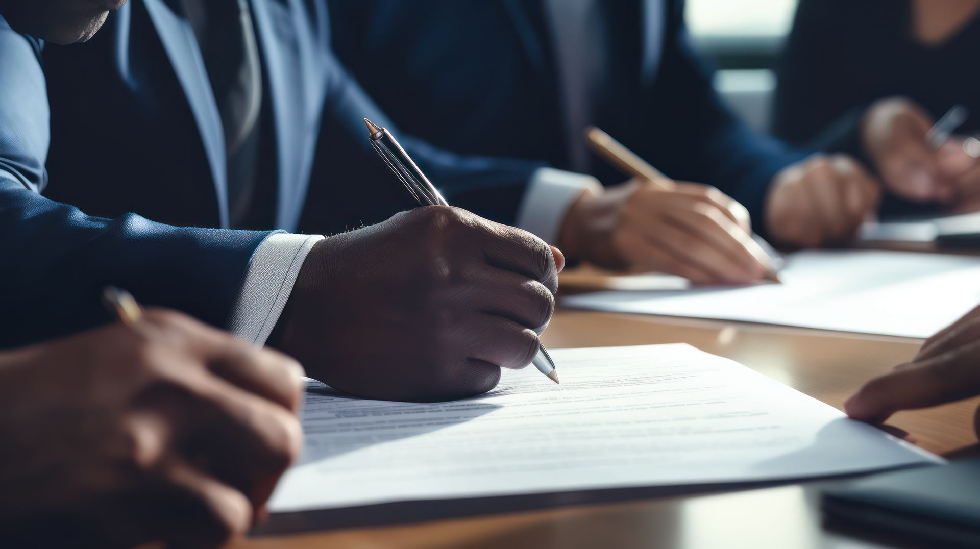 People in suits signing documents at a table. Focus on hands holding pens.