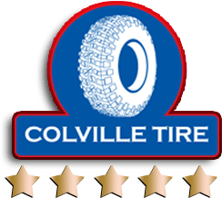 Logo for Colville Tire featuring a white tire icon on a blue background with five gold stars underneath.