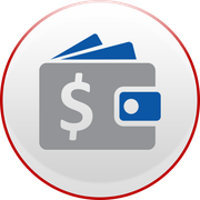 A grey wallet icon with a blue dollar sign and blue paper currency sticking out, inside a red-bordered circle.