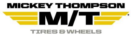 The logo for Mickey Thompson Tires & Wheels, featuring bold black text and a yellow wing design on a white background.