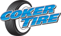 The Coker Tire logo featuring bold blue, metallic-style text layered over a black and white graphic of a tire.