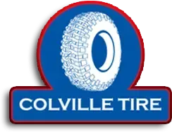 Logo for Colville Tire featuring a white off-road tire icon on a blue background with red trim and the text
