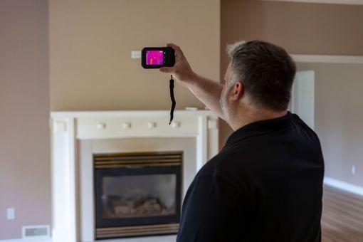 Handheld thermal camera scanning a bright empty room with wooden floors and an open door