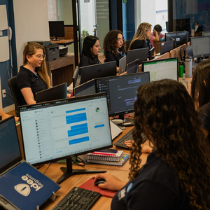 Pessoas trabalhando em computadores em um ambiente de escritório. Algumas digitam e outras estão olhando para as telas.