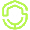 Logotipo abstrato verde em formato de escudo com uma forma estilizada de casa e linhas curvas.