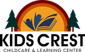 Kids Crest Childcare & Learning Center logo with sunrise, book, and pine trees