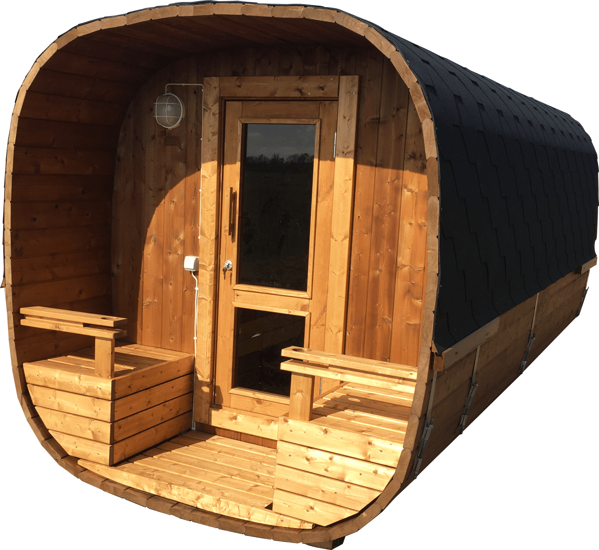 Udendørs sauna med panoramavindue