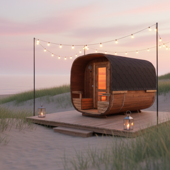 Lille træstrandhytte på en strandpromenade med lyskæder ved solnedgang ved siden af ​​klitter