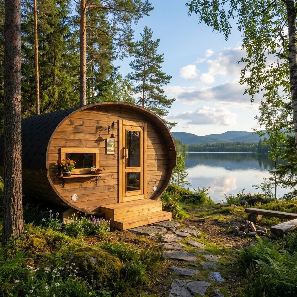 Tøndeformet træsauna ved bredden af ​​en sø, omgivet af træer.