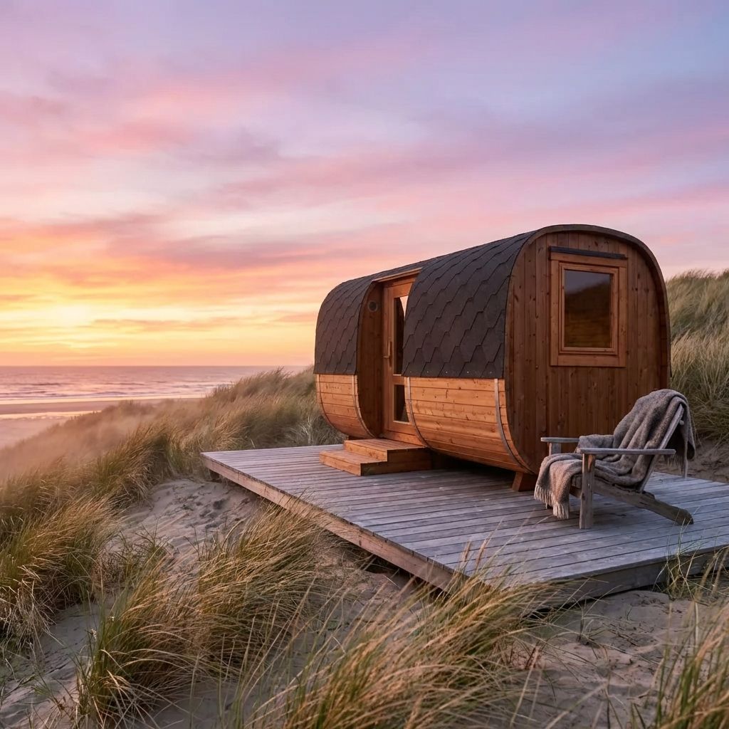 Træsaunatønde på en træterrasse med udsigt over havet ved solnedgang, med en stol og et tæppe.