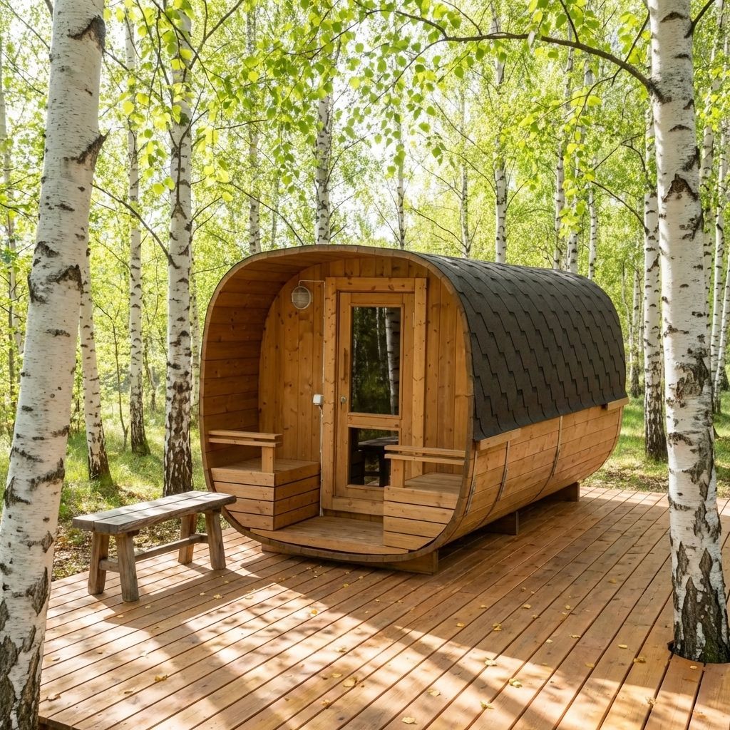 Sauna i trætønde i skovomgivelser med trædæk og bænk.
