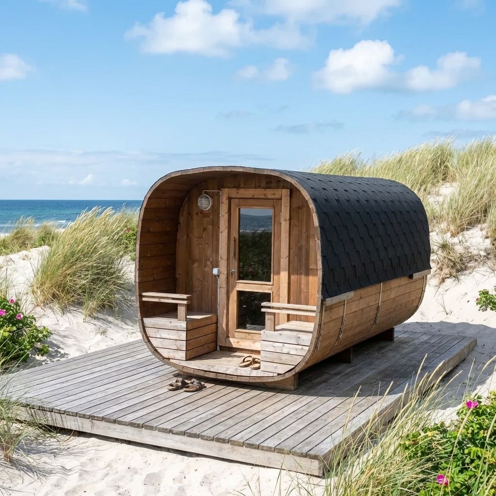 Tøndeformet træsauna på en træterrasse på en sandstrand. Blåt hav og himmel i baggrunden.