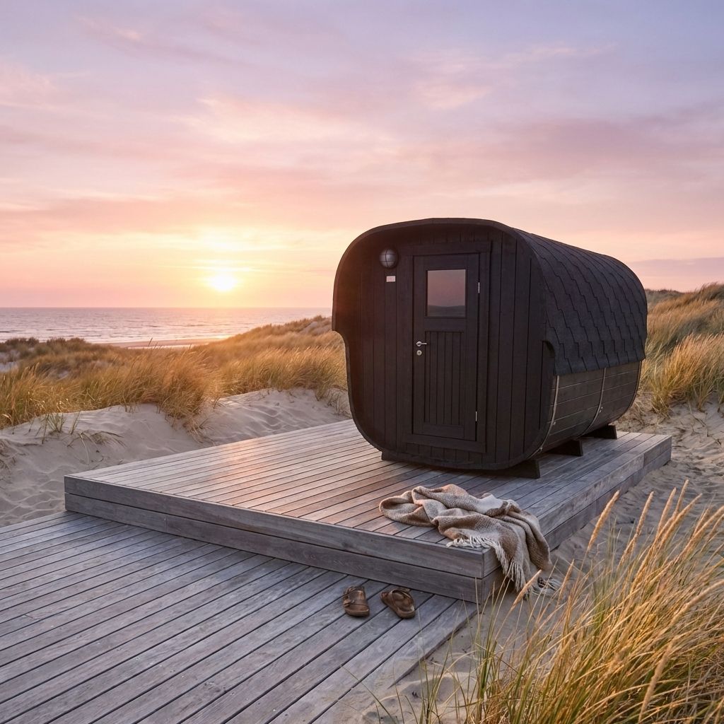 Træsauna på en strand ved solnedgang med trædæk, sand og hav i baggrunden.