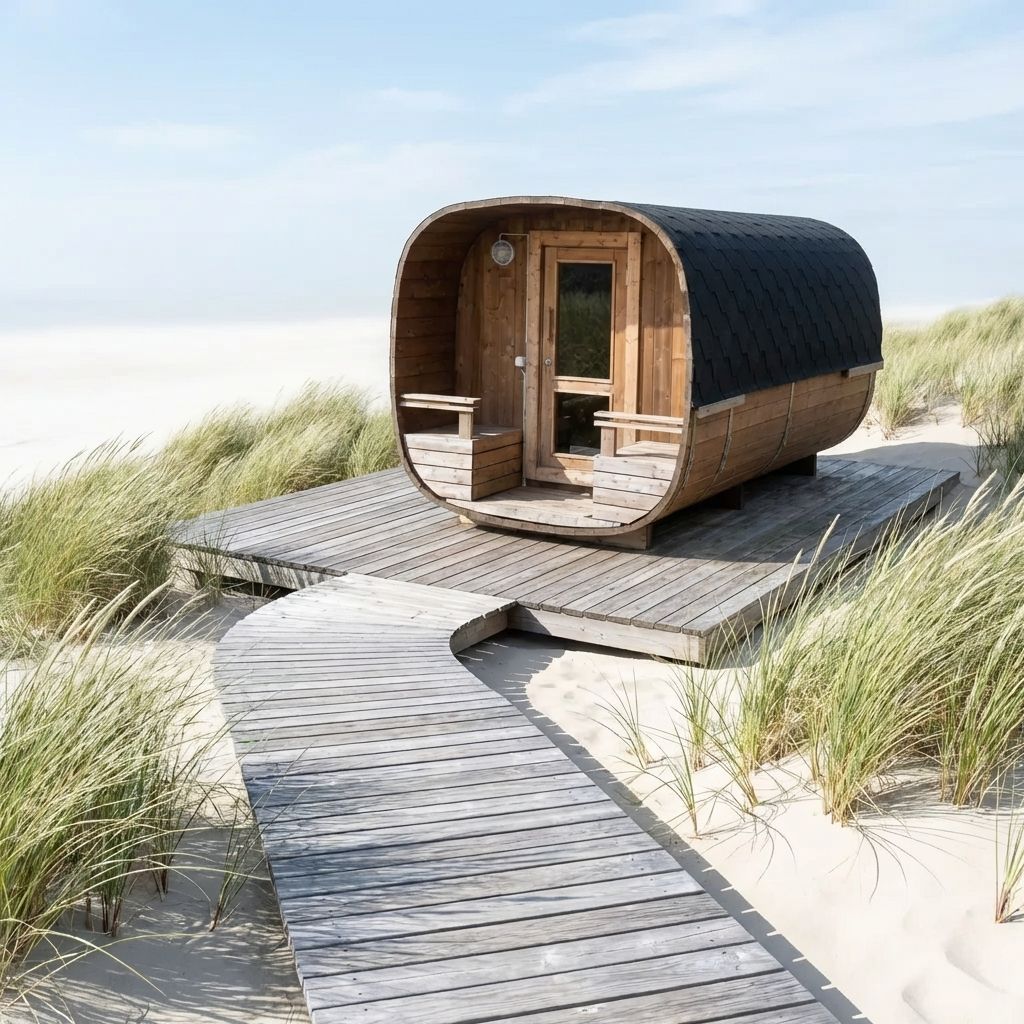 Træsauna på en strandplatform med en promenade, der fører dertil.