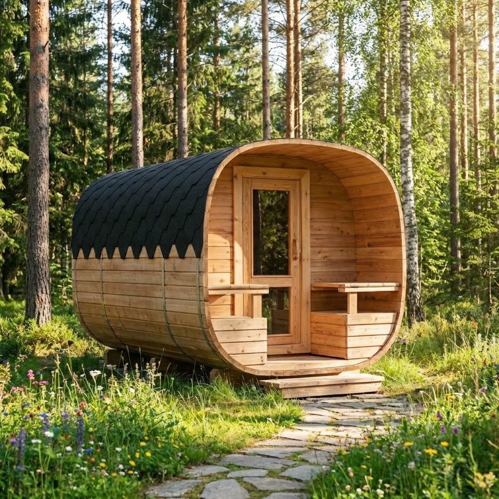 Tøndeformet træsauna med dør og bænke, beliggende på en stensti i en solrig skov.