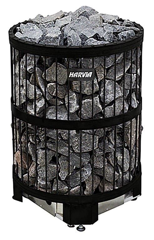 Sort cylindrisk saunaovn fyldt med grå sten, mærket HARVIA.
