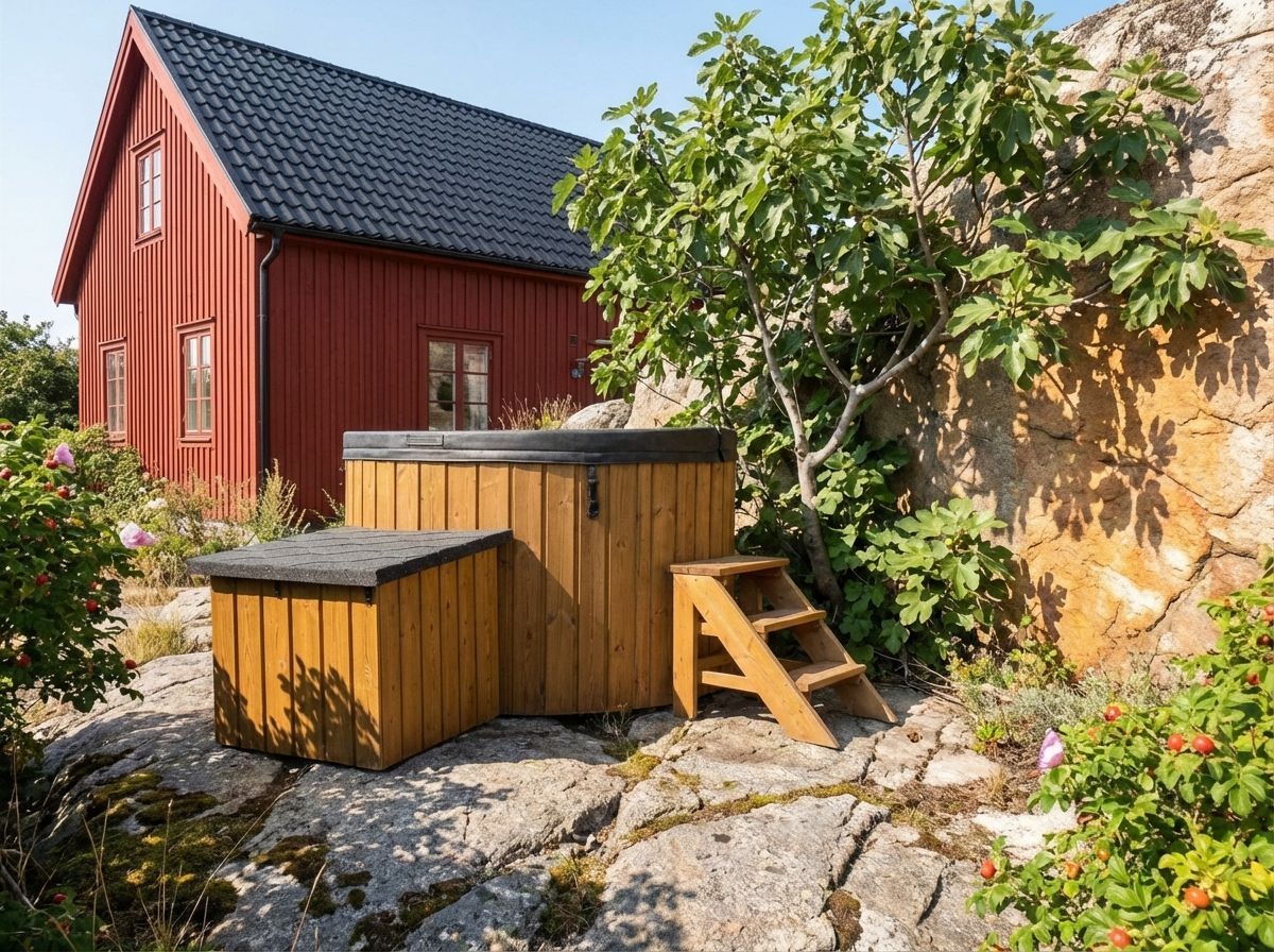 Rødt træhus med haveskur, træbænk og træ på en stensti i sollys