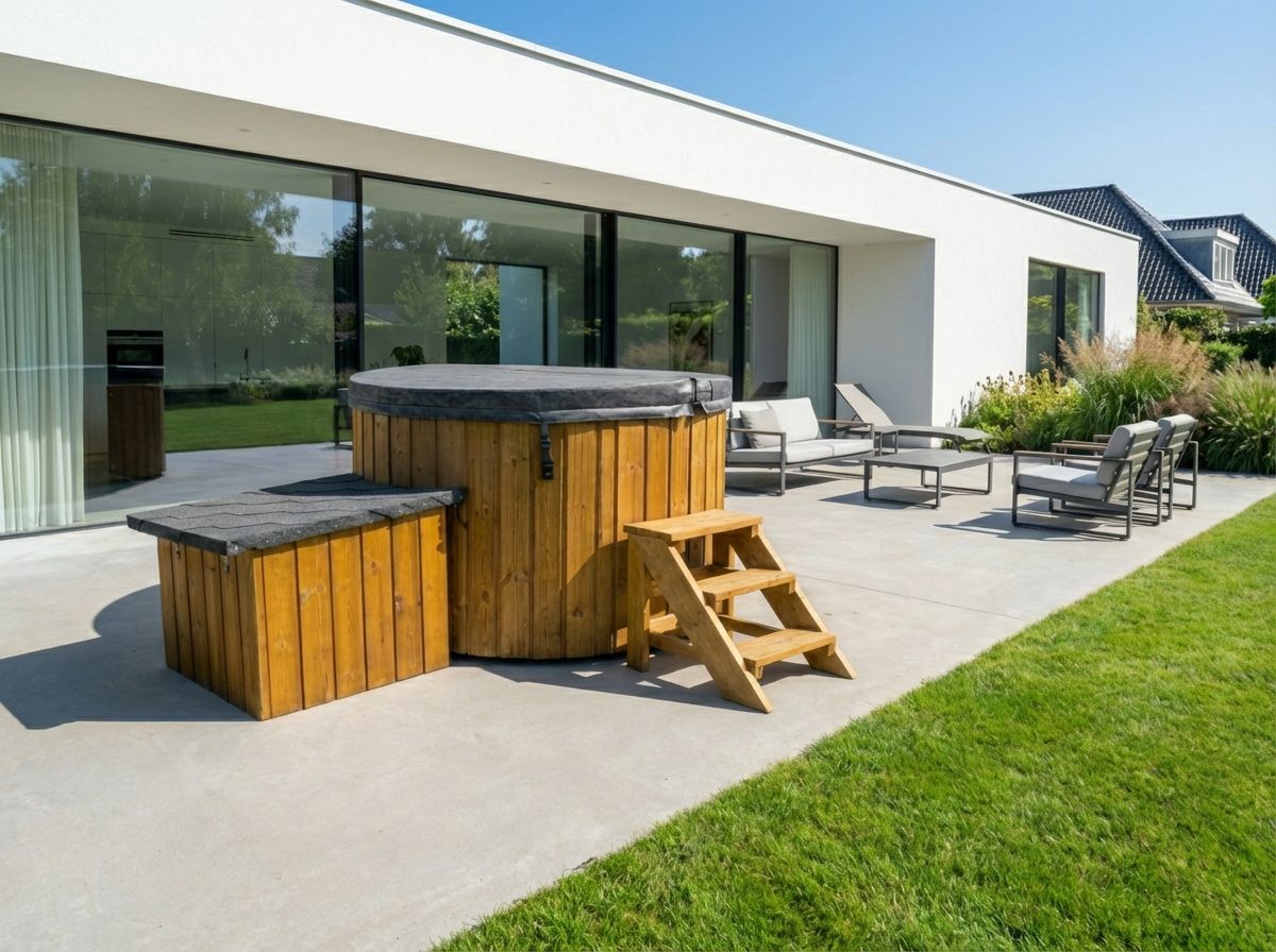 Moderne terrasse med træjacuzzi, liggestole og en grøn græsplæne ved siden af et hvidt hus.