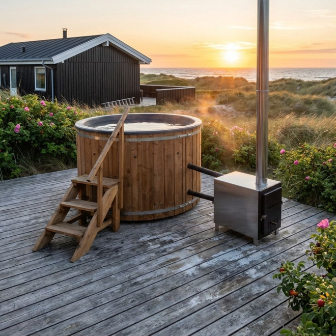 Træjacuzzi på en terrasse ved solnedgang, med en lille hytte og havudsigt i baggrunden.