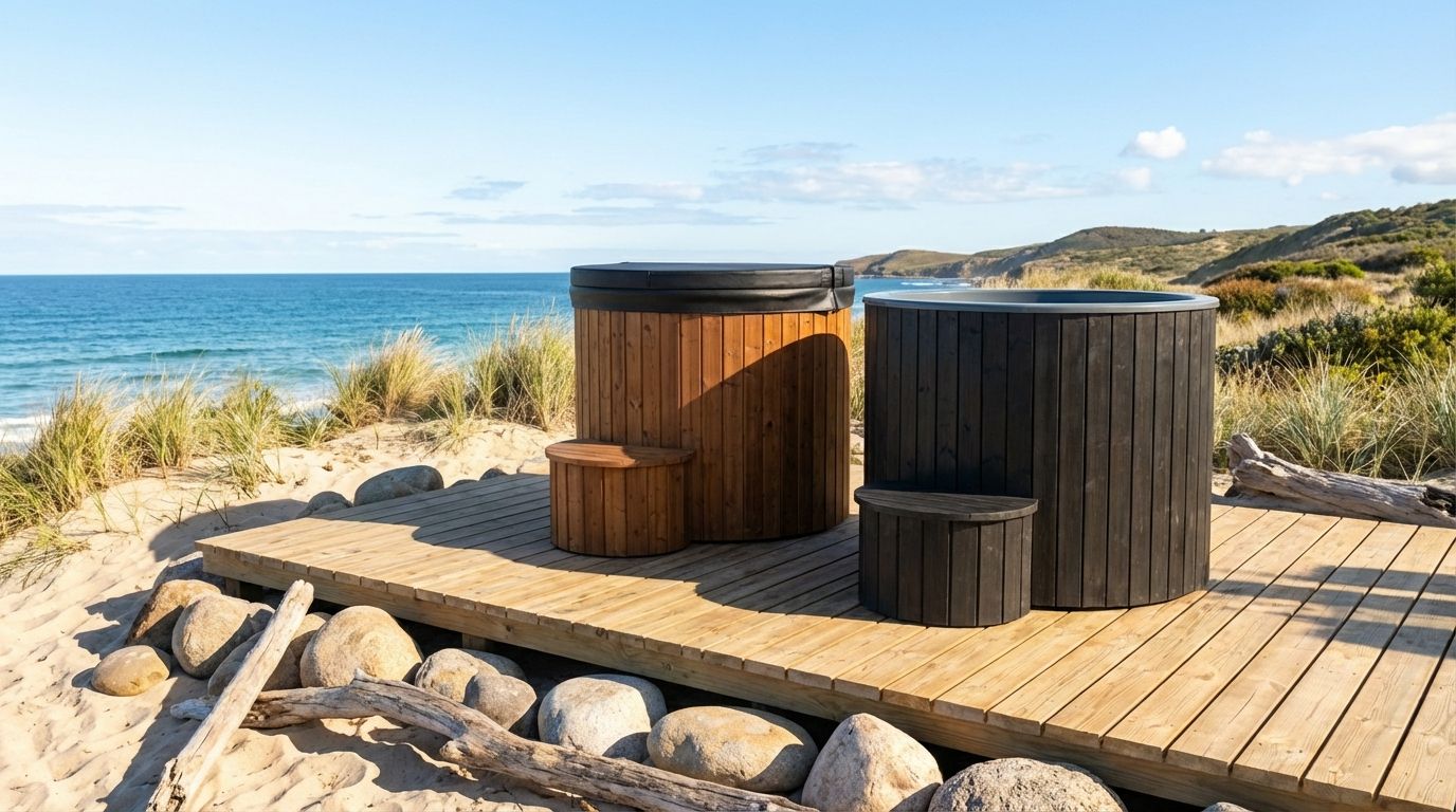 Træstrandsauna på en strandpromenade ved havet med klipper og klitter i sollys