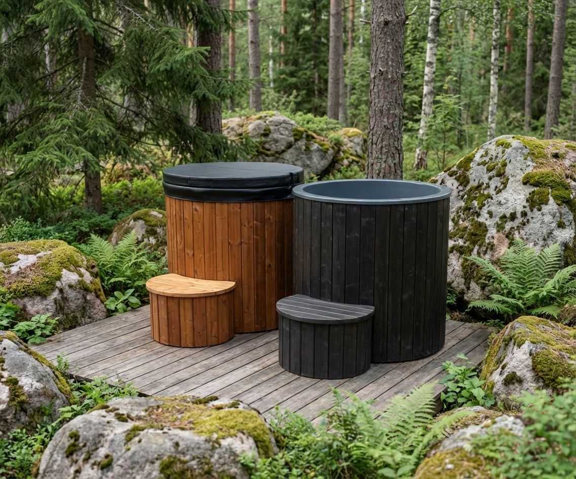 To træ-jacuzzi med sorte låg på en skovterrasse omgivet af mosklædte klipper og træer