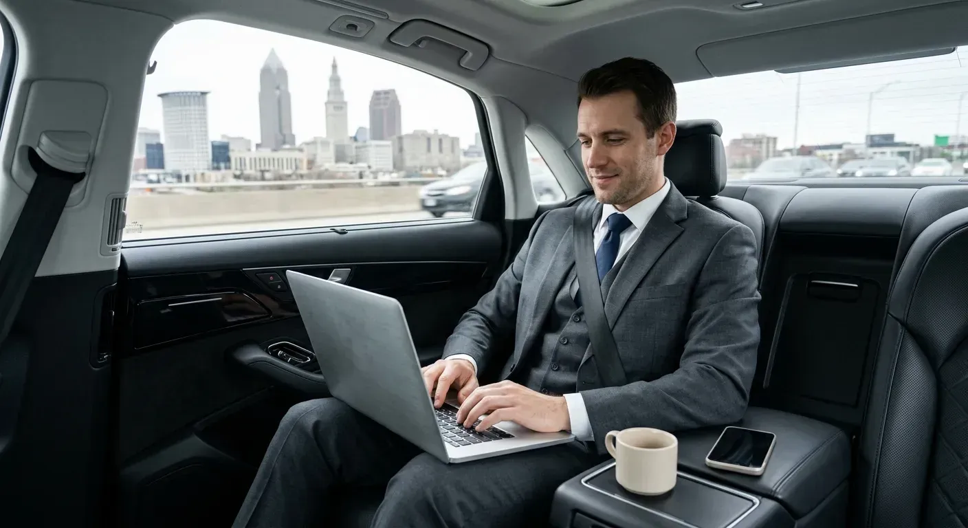 Businessman using a laptop in the back seat of a car with a city skyline outside the window Businessman using a laptop in the back seat of a car with a city skyline outside the window