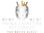 Logo for Lyons and Cubs Plumbing: a silver lion head with a gold crown, four cub heads, and text "Lyons and Cubs Plumbing, The RePipe Kings."
