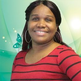 Smiling woman in a red striped top against a green abstract background